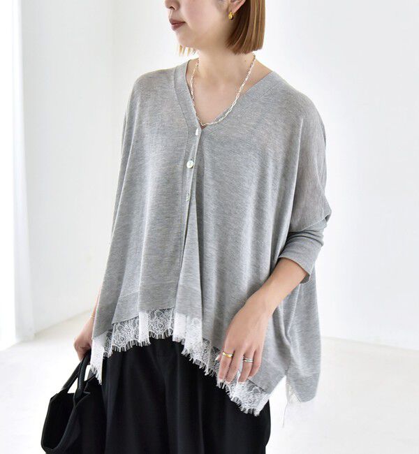 quaranciel「quaranciel:〈手洗い可能〉レース ヘム Vネック ポンチョ ニット カーディガン」|カーディガン|