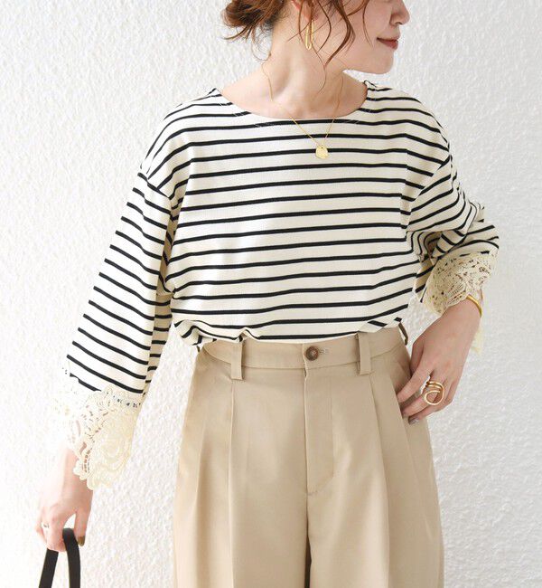 SHIPS for women「〈手洗い可能〉ボーダー 袖 レース ワイド プルオーバー」|Tシャツ・カットソー|