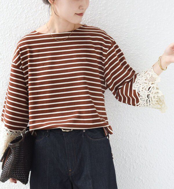 SHIPS for women「〈手洗い可能〉ボーダー 袖 レース ワイド プルオーバー」|Tシャツ・カットソー|