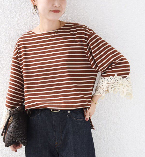 SHIPS for women「〈手洗い可能〉ボーダー 袖 レース ワイド プルオーバー」|Tシャツ・カットソー|