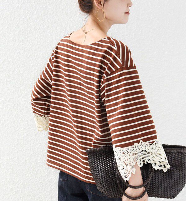 SHIPS for women「〈手洗い可能〉ボーダー 袖 レース ワイド プルオーバー」|Tシャツ・カットソー|