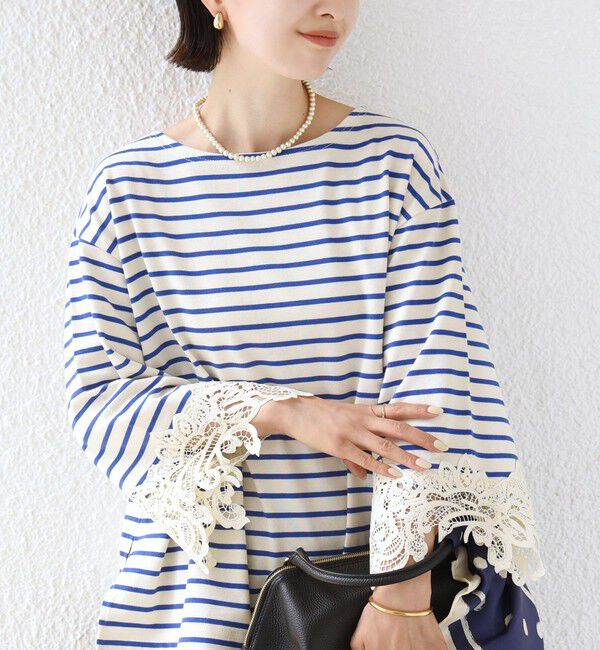 SHIPS for women「〈手洗い可能〉ボーダー 袖 レース ワイド プルオーバー」|Tシャツ・カットソー|ブルー