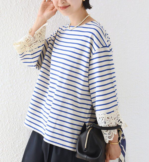 SHIPS for women「〈手洗い可能〉ボーダー 袖 レース ワイド プルオーバー」|Tシャツ・カットソー|
