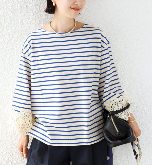 SHIPS for women「〈手洗い可能〉ボーダー 袖 レース ワイド プルオーバー」|Tシャツ・カットソー|