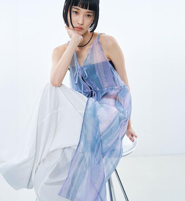 NOMINE「【前後着用可】水彩アート ニュアンス柄 2WAY シアー キャミワンピース ロン」|ワンピース|ピンク