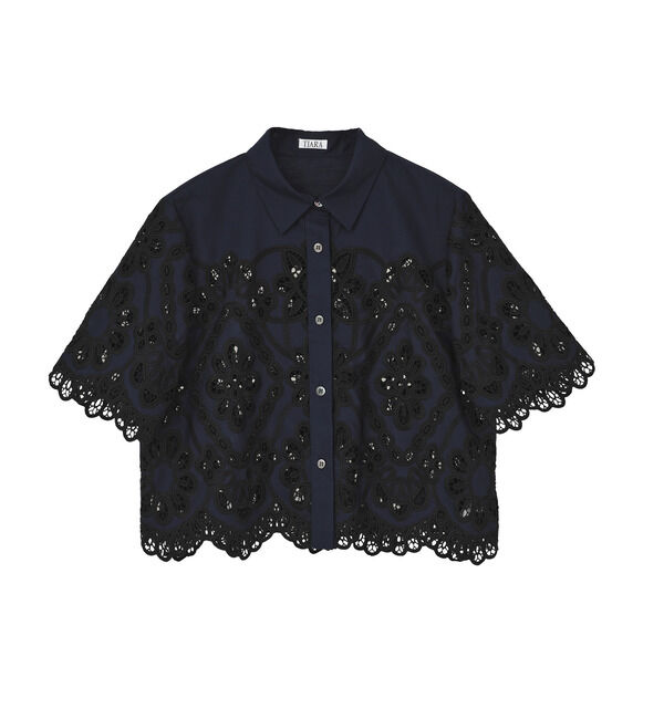 TIARA「カットワークレースショートスリーブシャツ」|シャツ・ブラウス|ネイビー