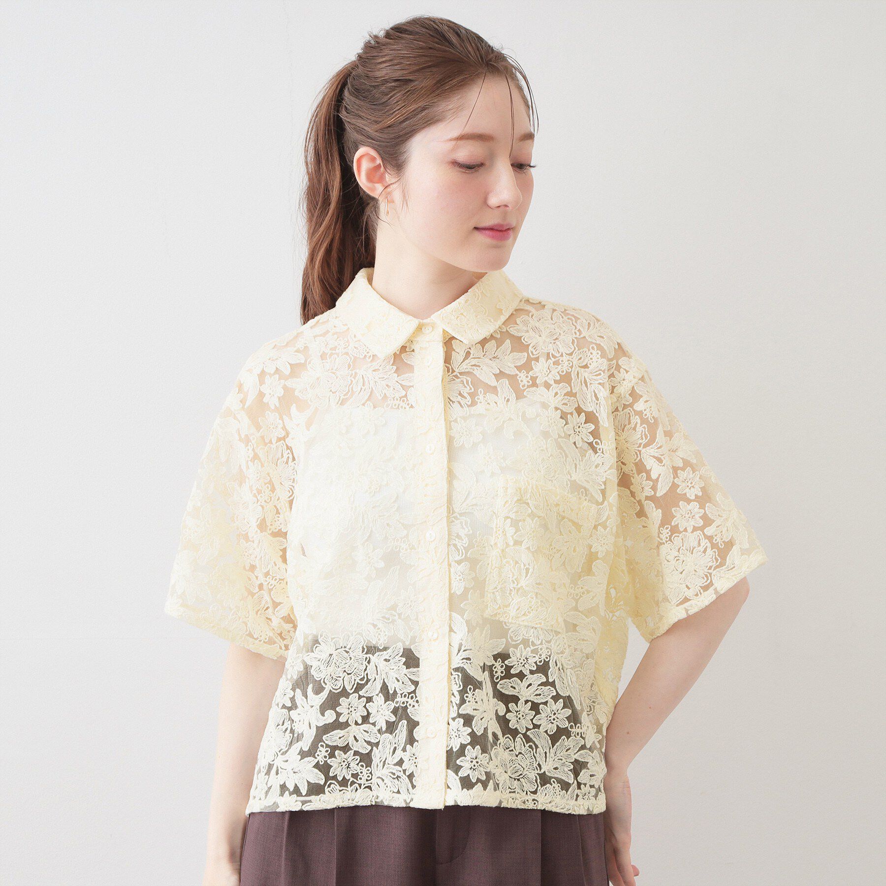 index「フラワー刺繍シアーシャツ【洗濯機OK／イージーアイロン】」|シャツ・ブラウス|
