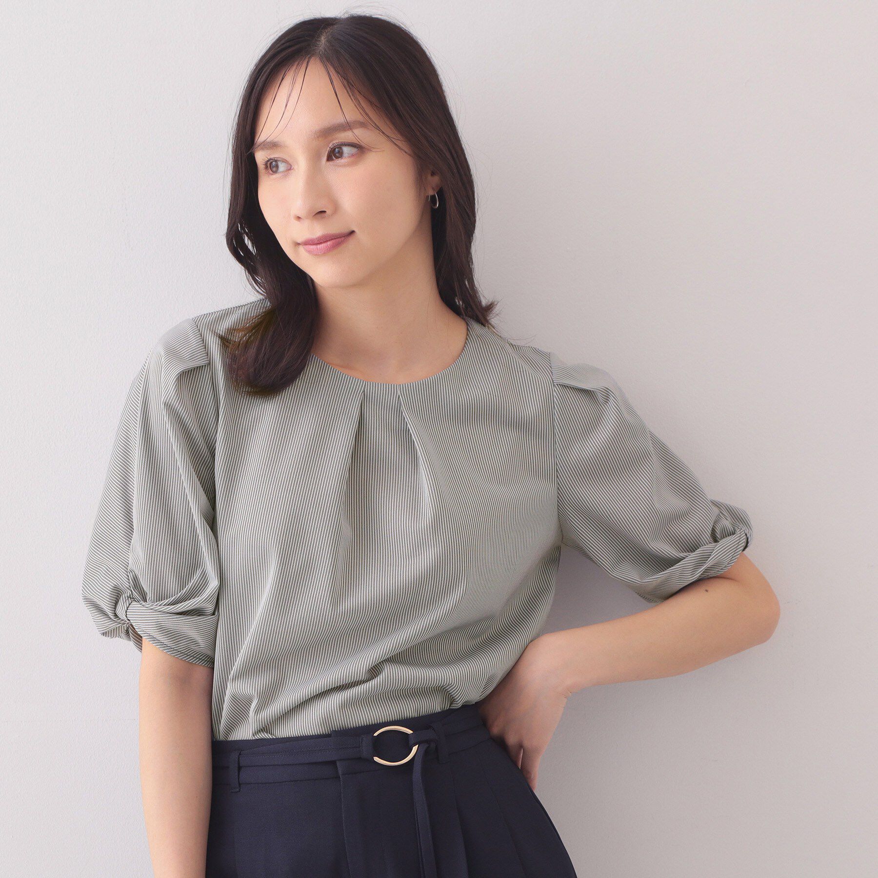 index「【吸水速乾】ストライプ調デザインスリーブトップス《洗濯機OK》」|Tシャツ・カットソー|チャコールグレー(3