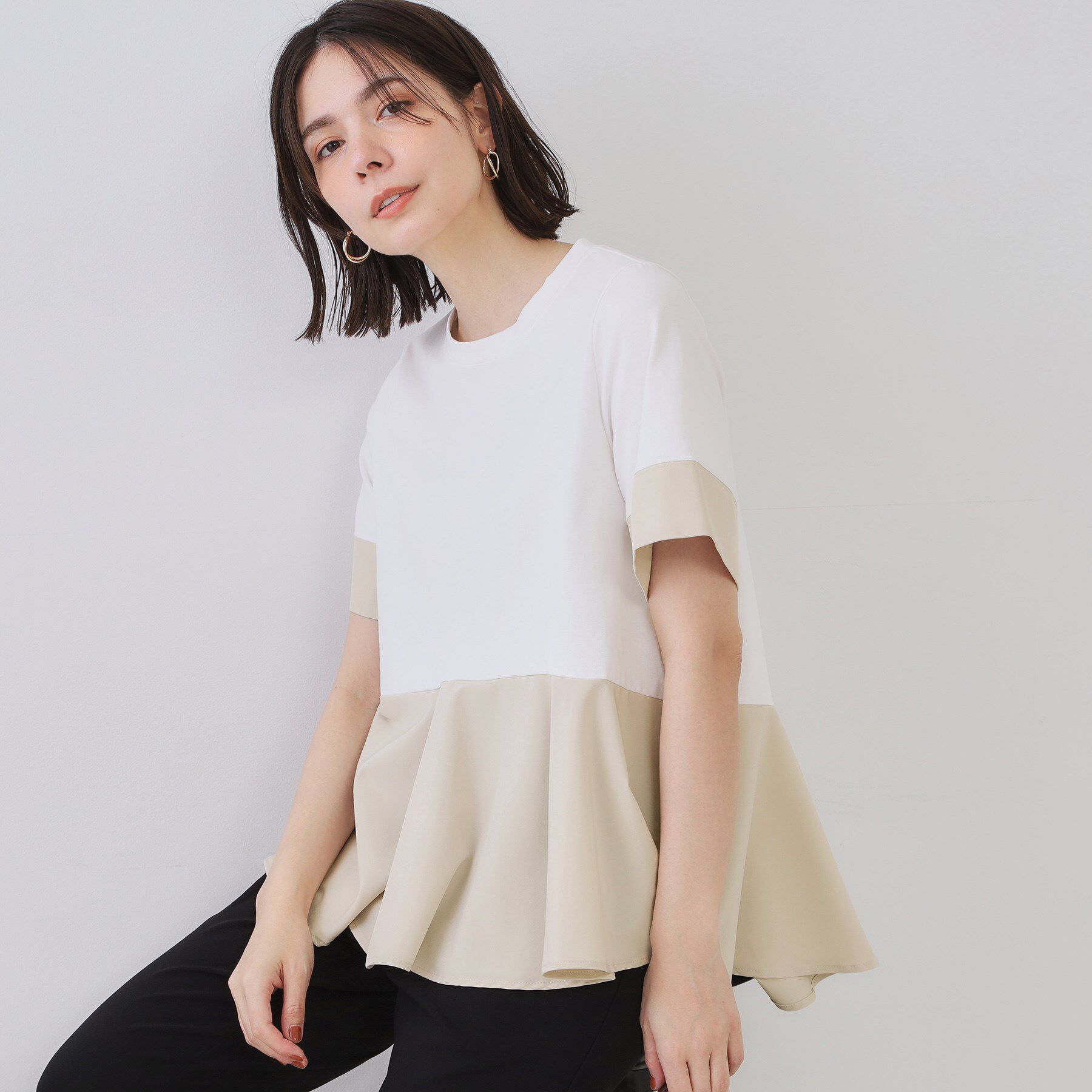OPAQUE.CLIP「配色フハクドッキングペプラムトップス【洗濯機洗い可／抗ピル】」|Tシャツ・カットソー|ホワイト(501)