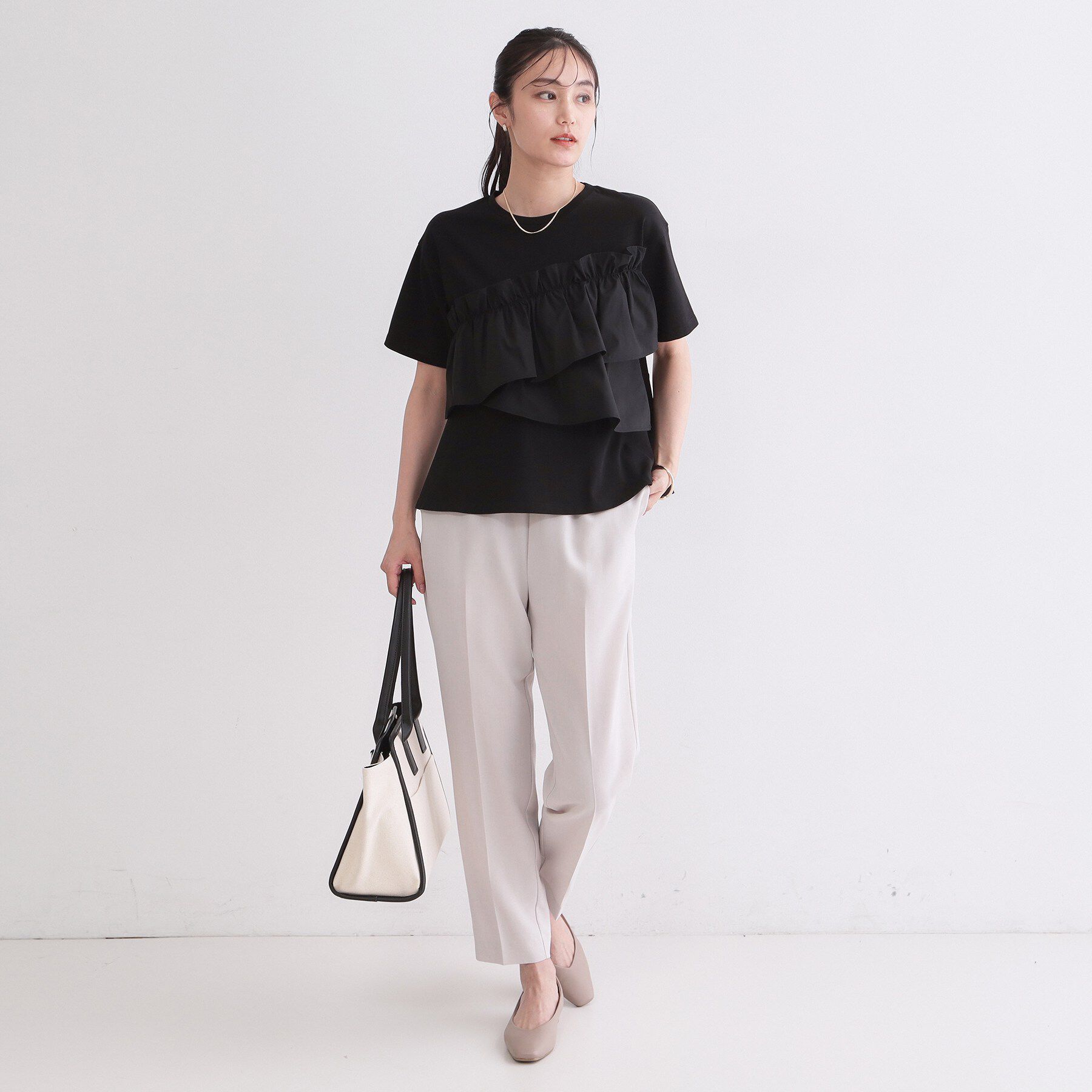 OPAQUE.CLIP「【接触冷感】アシメフリルドッキングカットソー《洗濯機OK》」|Tシャツ・カットソー|