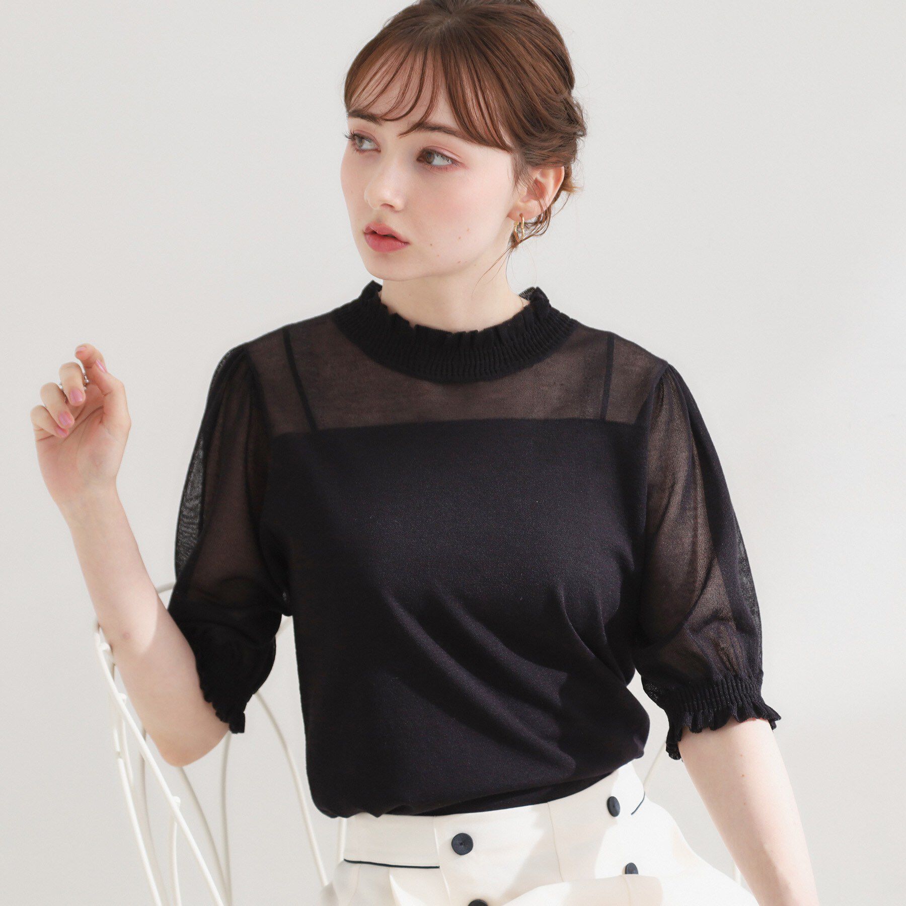 Couture broach「【洗える】LEVITAシャーリング サマーニット」|ニット・セーター|
