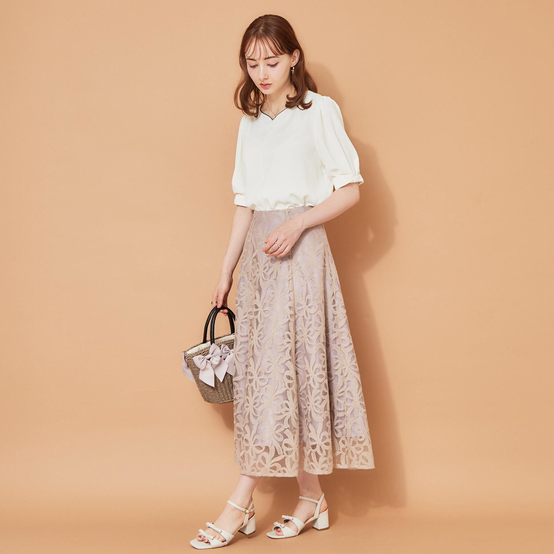Couture broach「【洗える】リボン エンブロ スカート」|スカート|