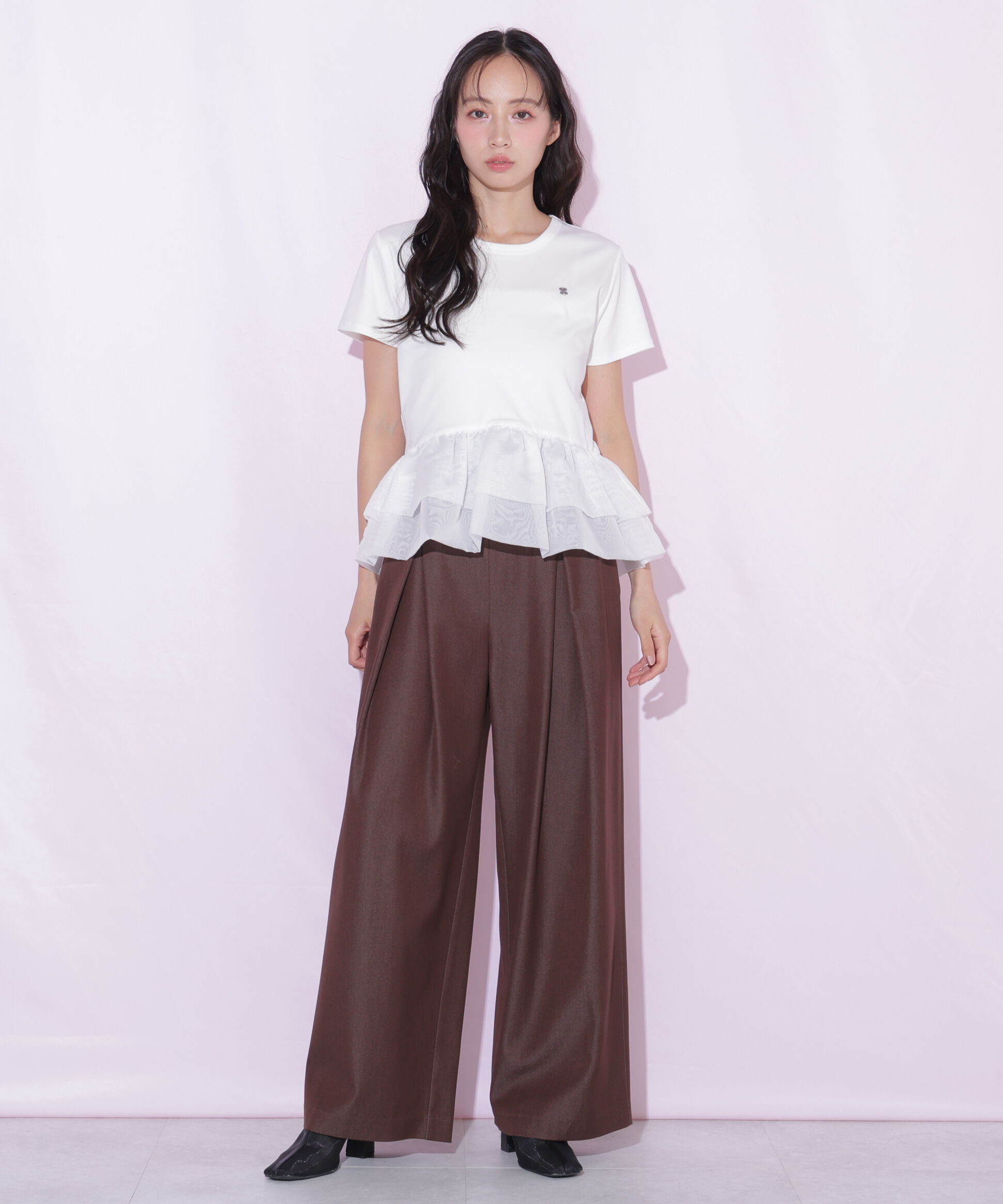  「合皮ベルト付ワイドパンツ」|その他|ブラウン