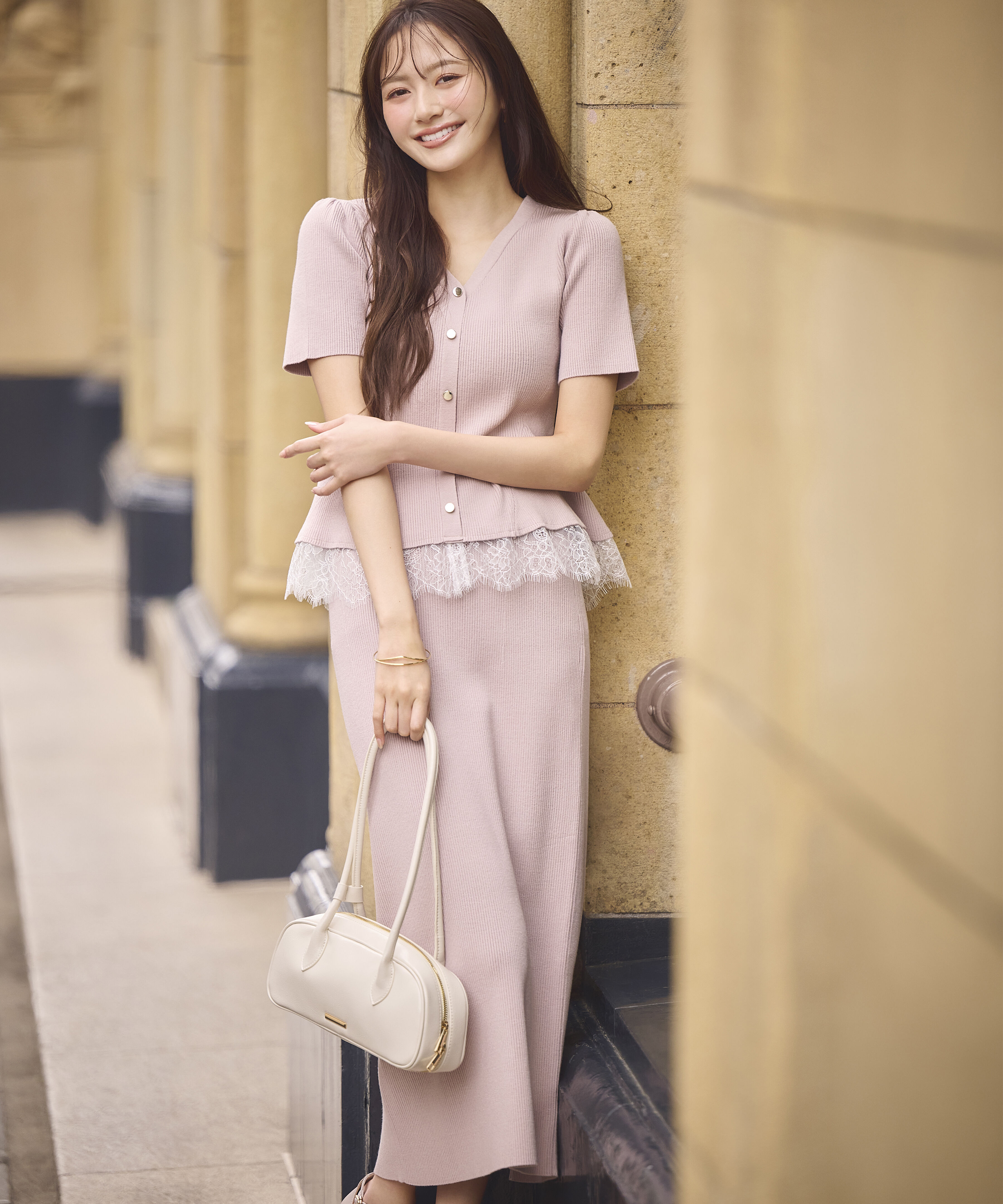 PROPORTION BODY DRESSING「レース付きペプラムニットセット 26SS」|ワンピース|ピンクベージ