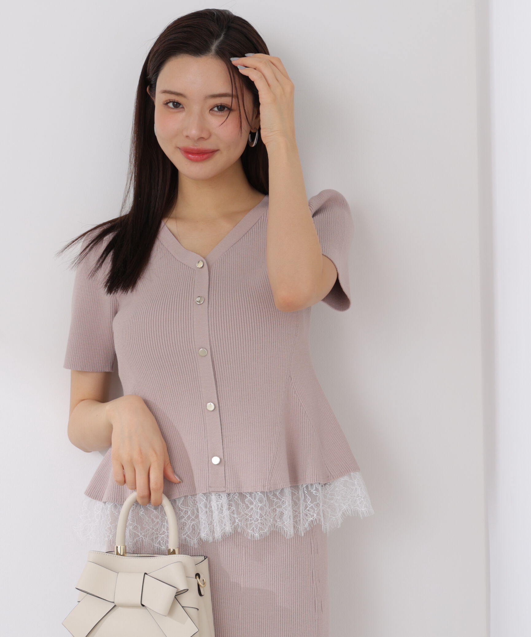 PROPORTION BODY DRESSING「レース付きペプラムニットセット 26SS」|ワンピース|