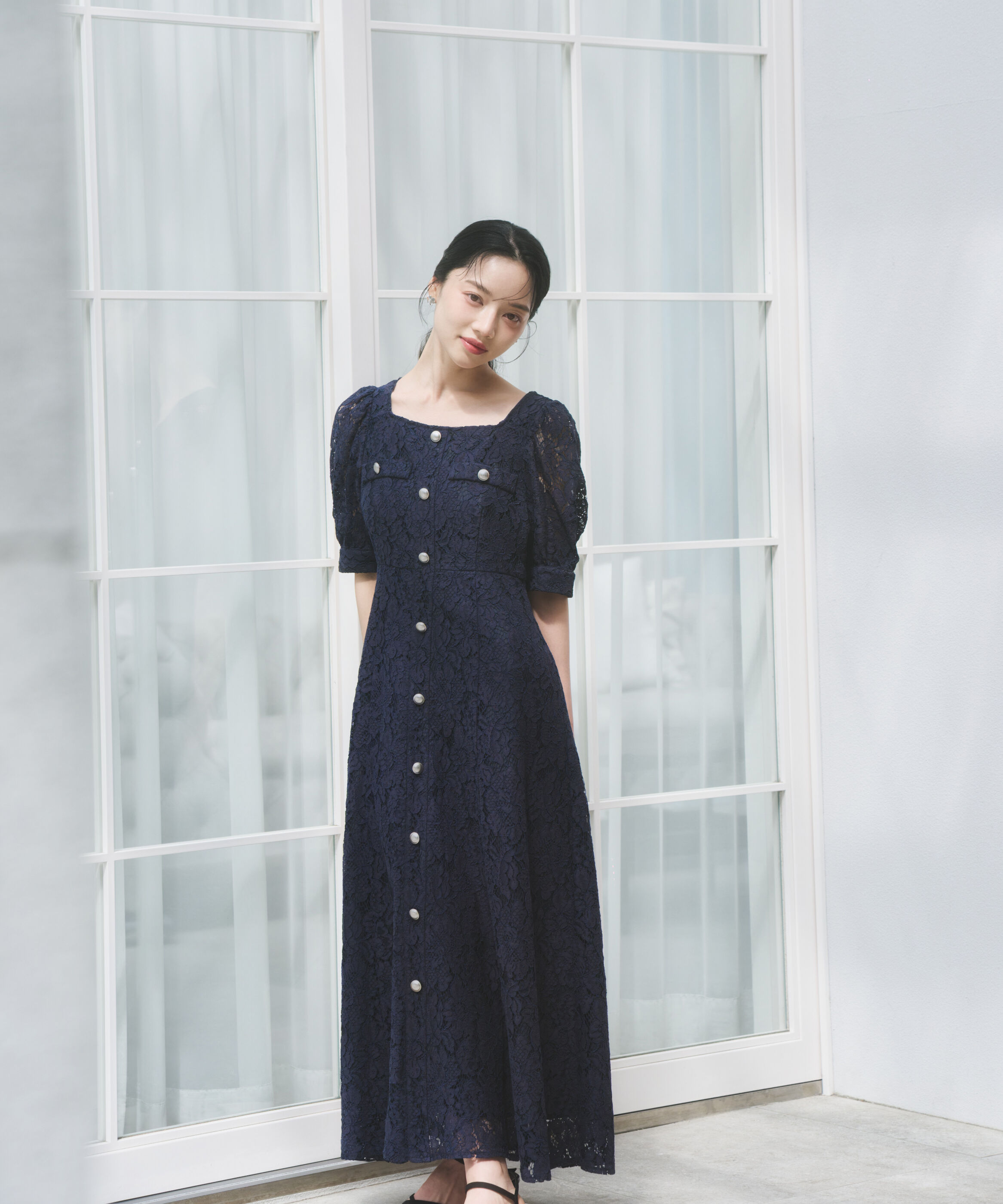 PROPORTION BODY DRESSING「フロントボタンレースワンピース 26SS」|ワンピース|ネイビー