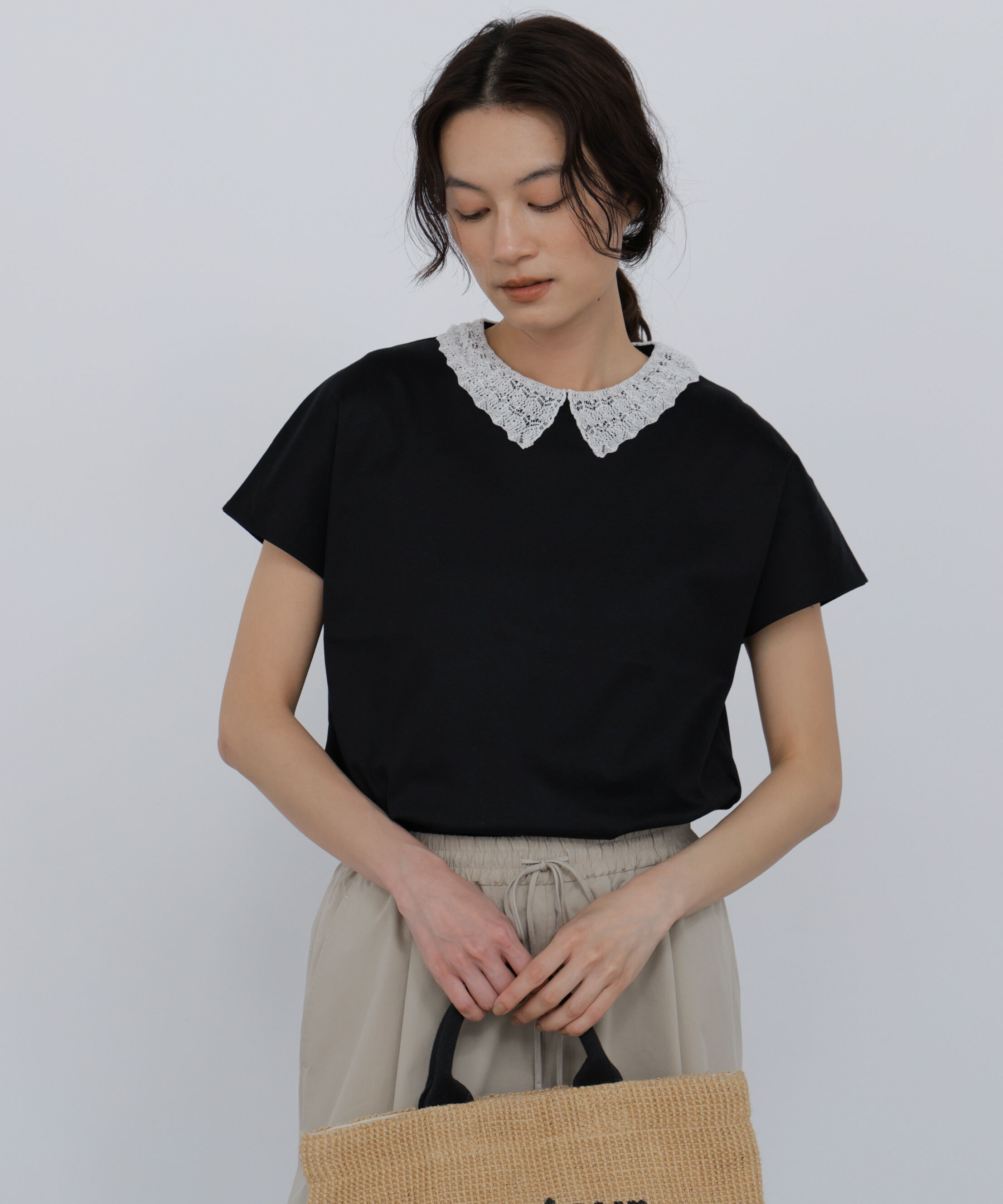  「《大人気追加生産》レース衿スムースＴシャツ」|Tシャツ・カットソー|ブラック
