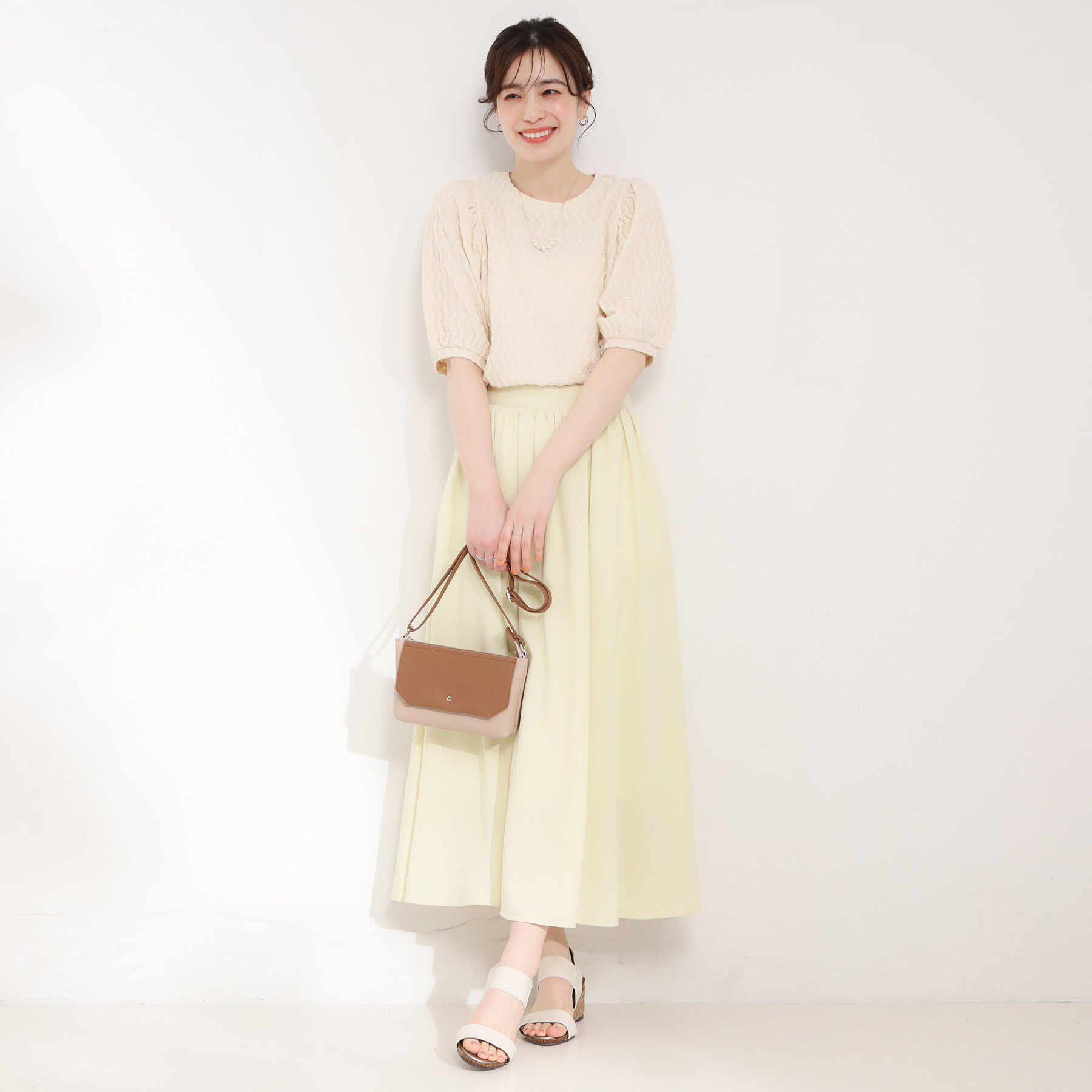 SHOO･LA･RUE「【洗濯機可/S-LL】パフスリーブが女性らしい ウェーブ柄 ジャカードトップス」|Tシャツ・カットソー|