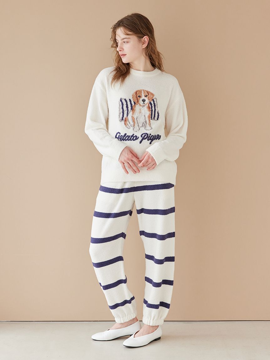 gelato pique「【ONLINE限定】【UNISEX】エアリーモコプレイフルDOGジャガードプルオーバー&ボーダーロングパンツセット」|ルームウェア|