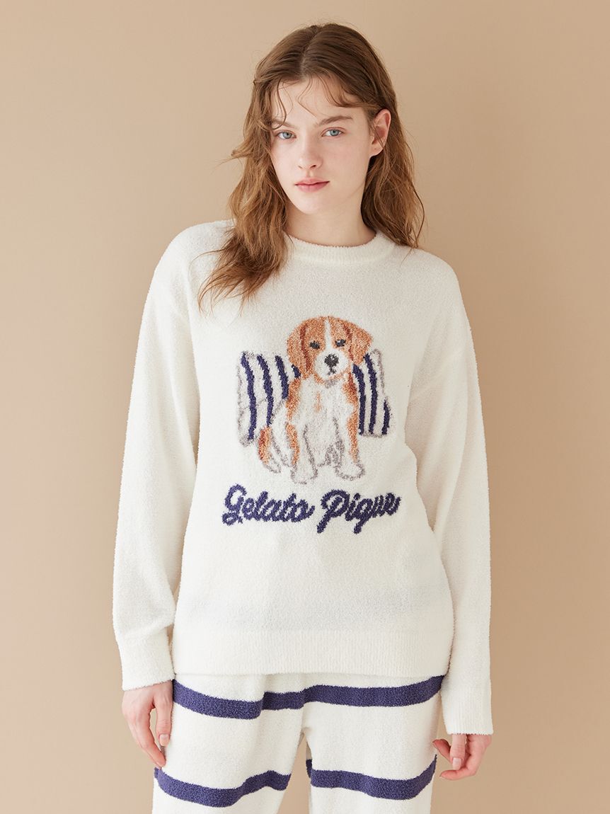gelato pique「【ONLINE限定】【UNISEX】エアリーモコプレイフルDOGジャガードプルオーバー&ボーダーロングパンツセット」|ルームウェア|