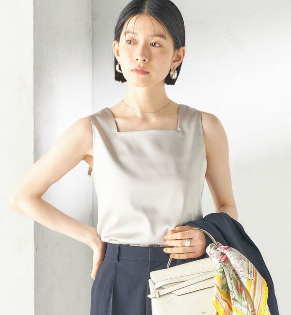 SHIPS for women「〈手洗い可能〉2WAY サテン &times; カットソー スクエア タンクトップ」|タンクトップ|