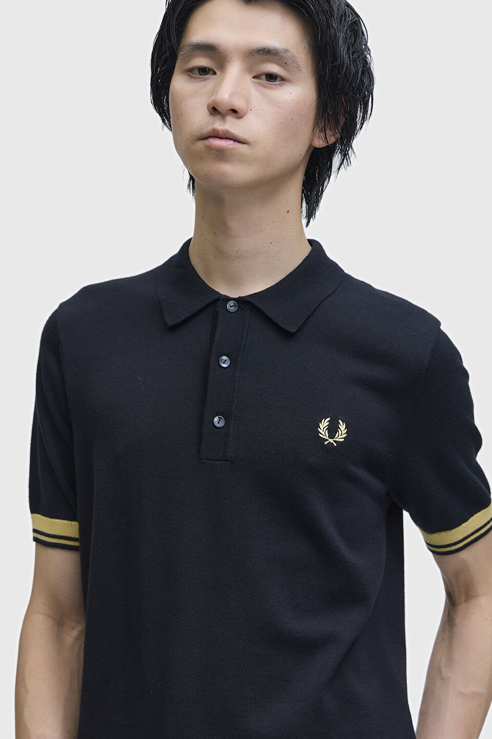 FRED PERRY 「Contrast Cuff Knitted Shirt／コントラストカフスニットポロシャツ」|ポロシャツ|BLACK