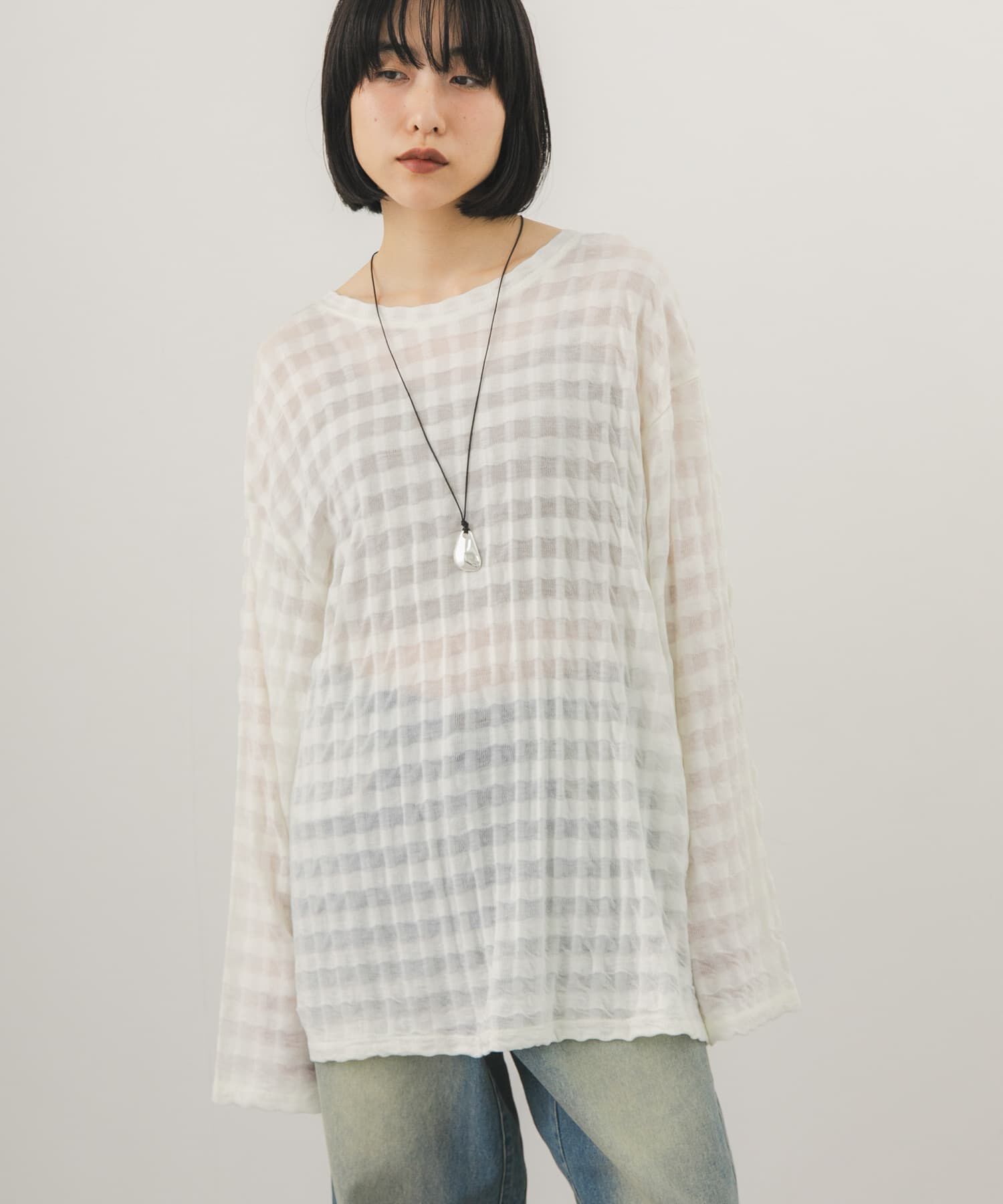  「シャドーチェックルーズロンTEE」|Tシャツ・カットソー|アイボリー
