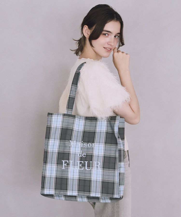 Maison de FLEUR「ブランドロゴ刺繍チェックスクエアトート」|トートバッグ|ブルー