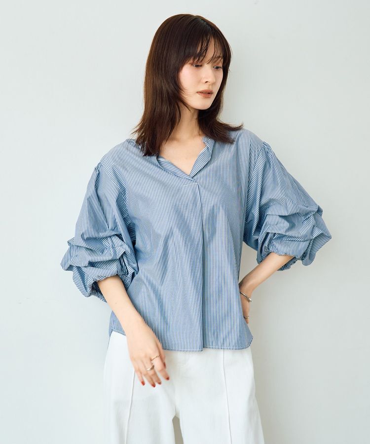YECCA VECCA「タックスリーブスキッパーブラウス」|シャツ・ブラウス|Stripe Navy