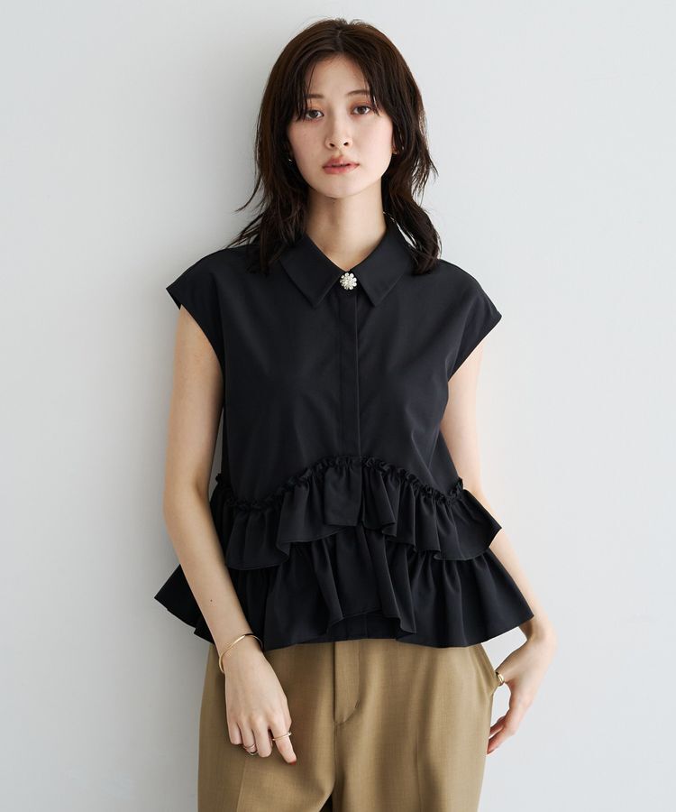YECCA VECCA「ビジュー釦ラッフルブラウス」|シャツ・ブラウス|Black