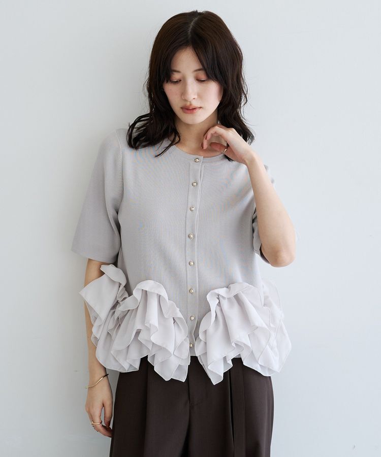 YECCA VECCA「金釦ラッフル5分袖カーディガン」|カーディガン|