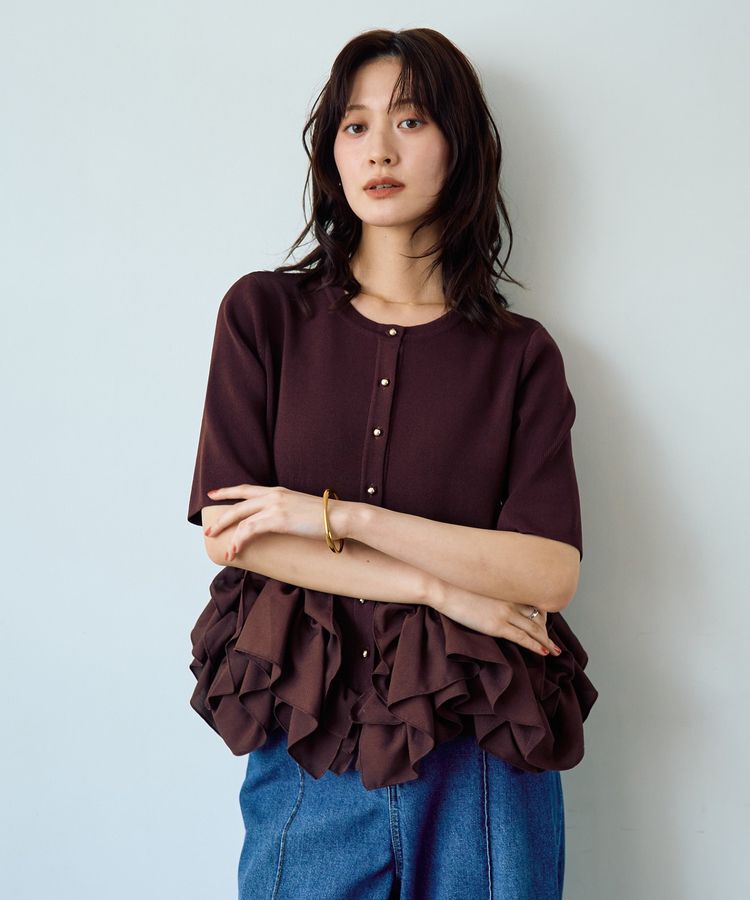 YECCA VECCA「金釦ラッフル5分袖カーディガン」|カーディガン|