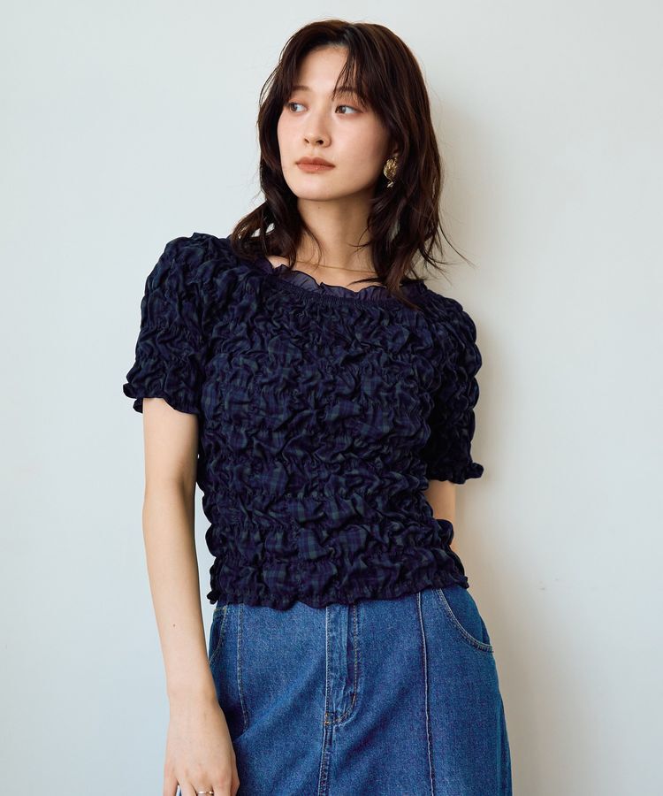 YECCA VECCA「【2way着用可能】チェック柄シャーリングブラウス」|シャツ・ブラウス|