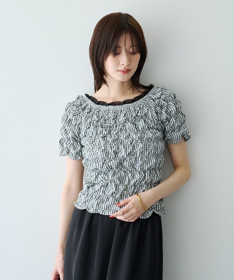 YECCA VECCA「【2way着用可能】チェック柄シャーリングブラウス」|シャツ・ブラウス|