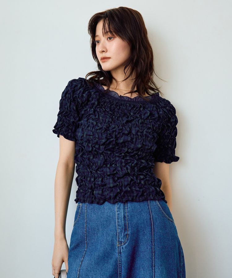 YECCA VECCA「【2way着用可能】チェック柄シャーリングブラウス」|シャツ・ブラウス|