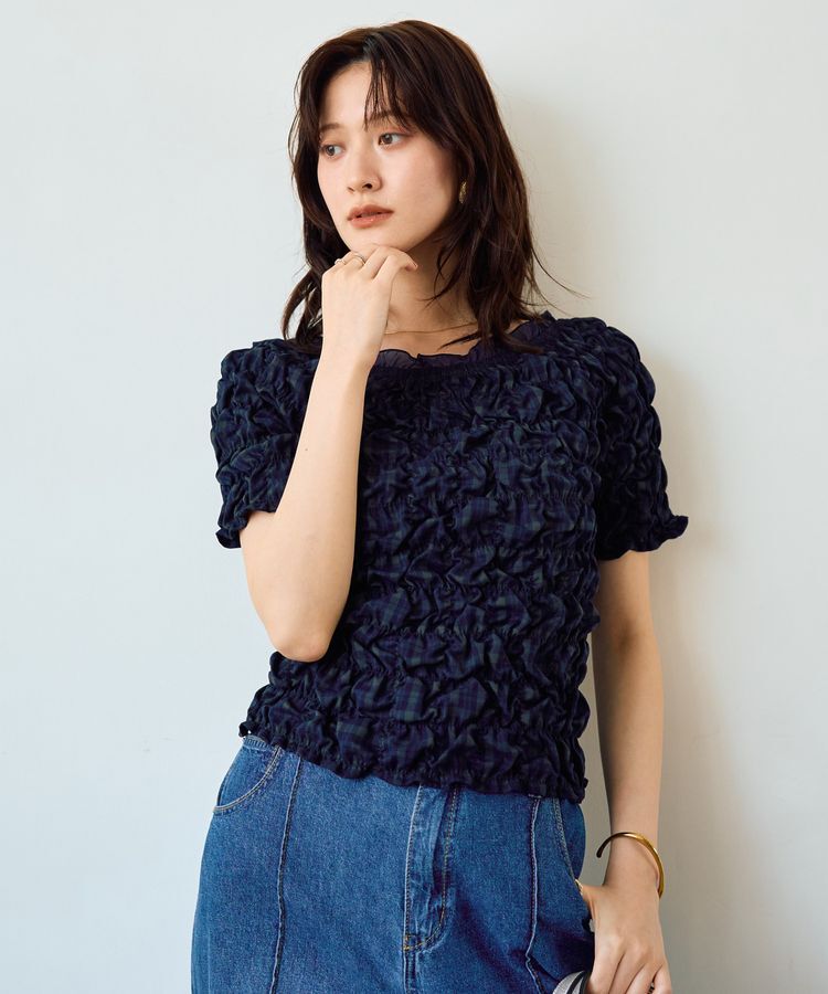 YECCA VECCA「【2way着用可能】チェック柄シャーリングブラウス」|シャツ・ブラウス|