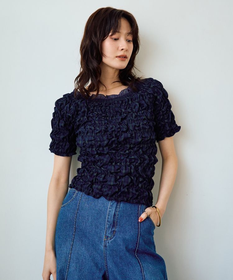 YECCA VECCA「【2way着用可能】チェック柄シャーリングブラウス」|シャツ・ブラウス|Navy