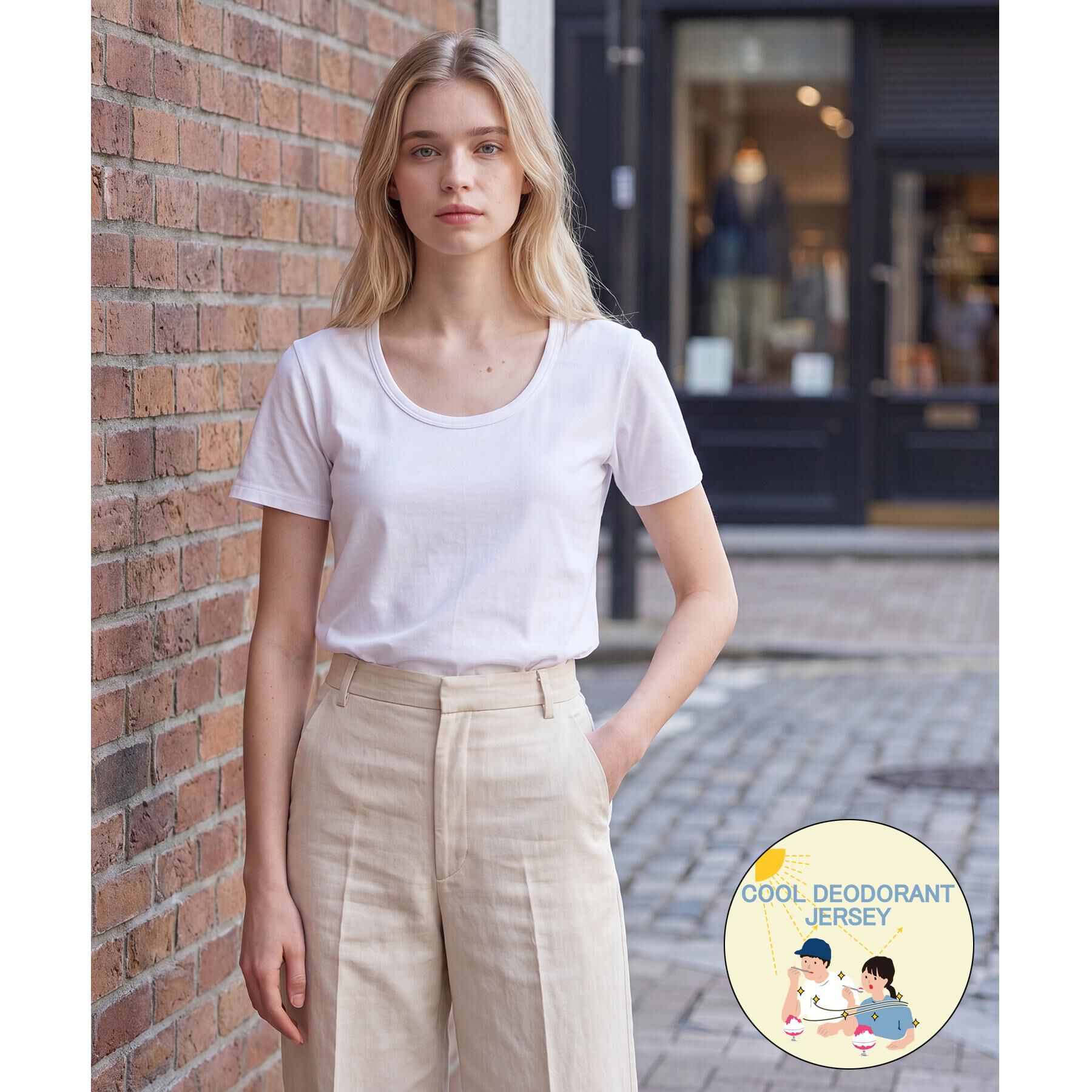 DRESSTERIOR「【接触冷感/抗菌防臭/UVカット】クールデオドラント UネックTシャツ」|Tシャツ・カットソー|ホワイト(001)