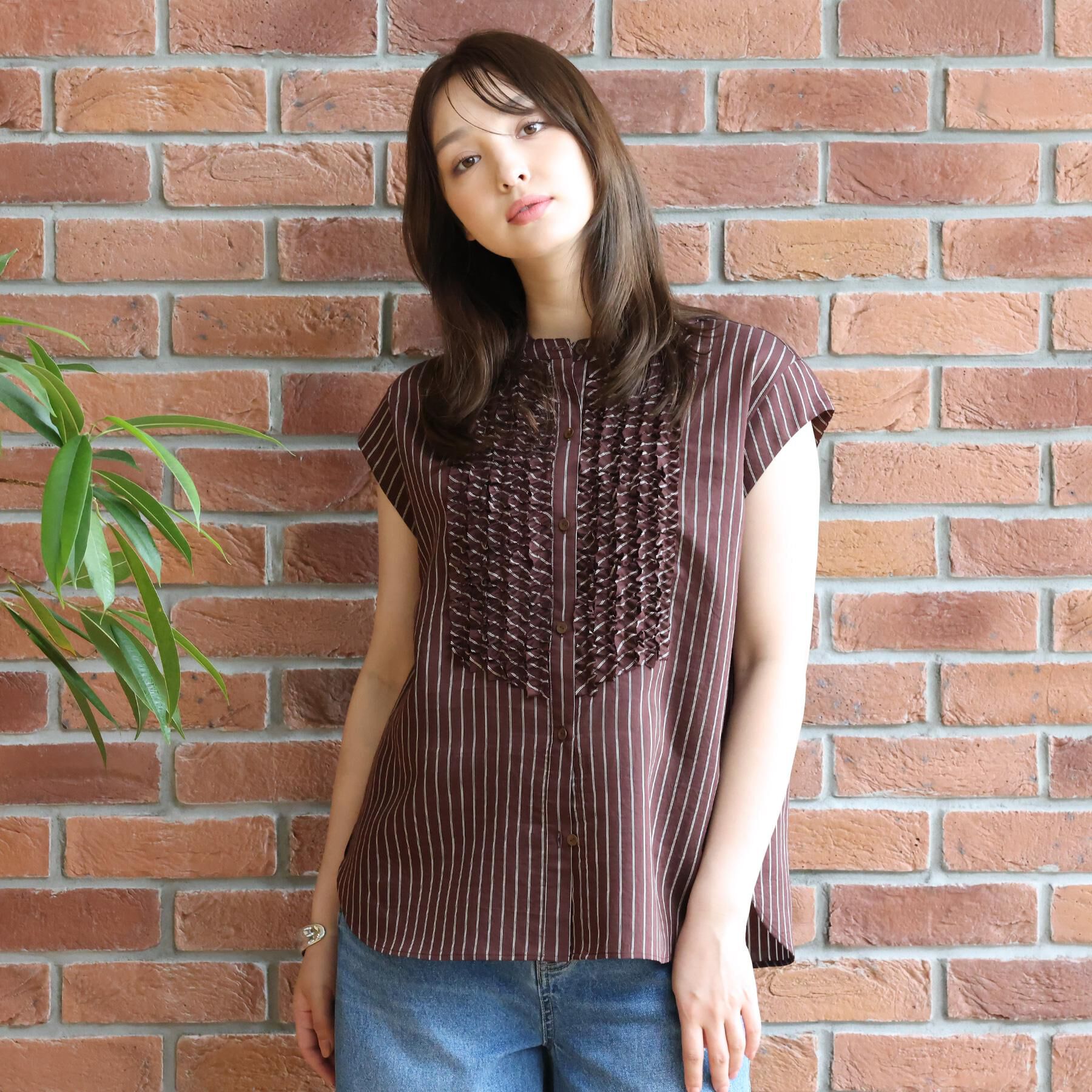 DRESSTERIOR「ストライプフレンチスリーブフリルブラウス」|シャツ・ブラウス|