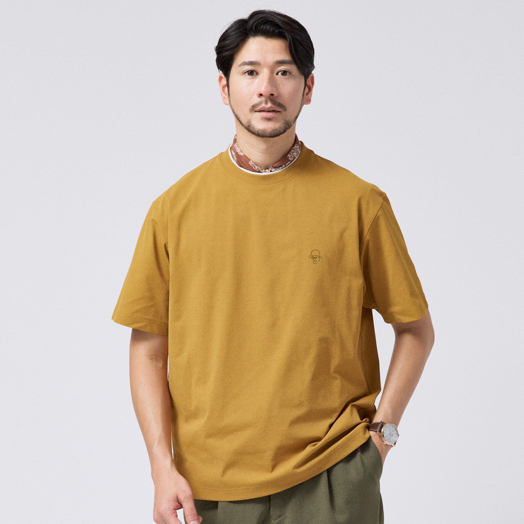TAKEO KIKUCHI「【汗染み軽減/接触冷感】フェイクレイヤード ワンポイント刺繍Ｔシャツ」|Tシャツ・カットソー|オーク(034)