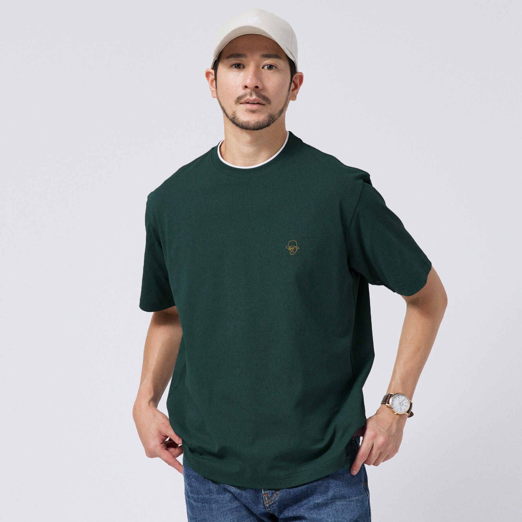 TAKEO KIKUCHI「【汗染み軽減/接触冷感】フェイクレイヤード ワンポイント刺繍Ｔシャツ」|Tシャツ・カットソー|ブルーグリーン(09