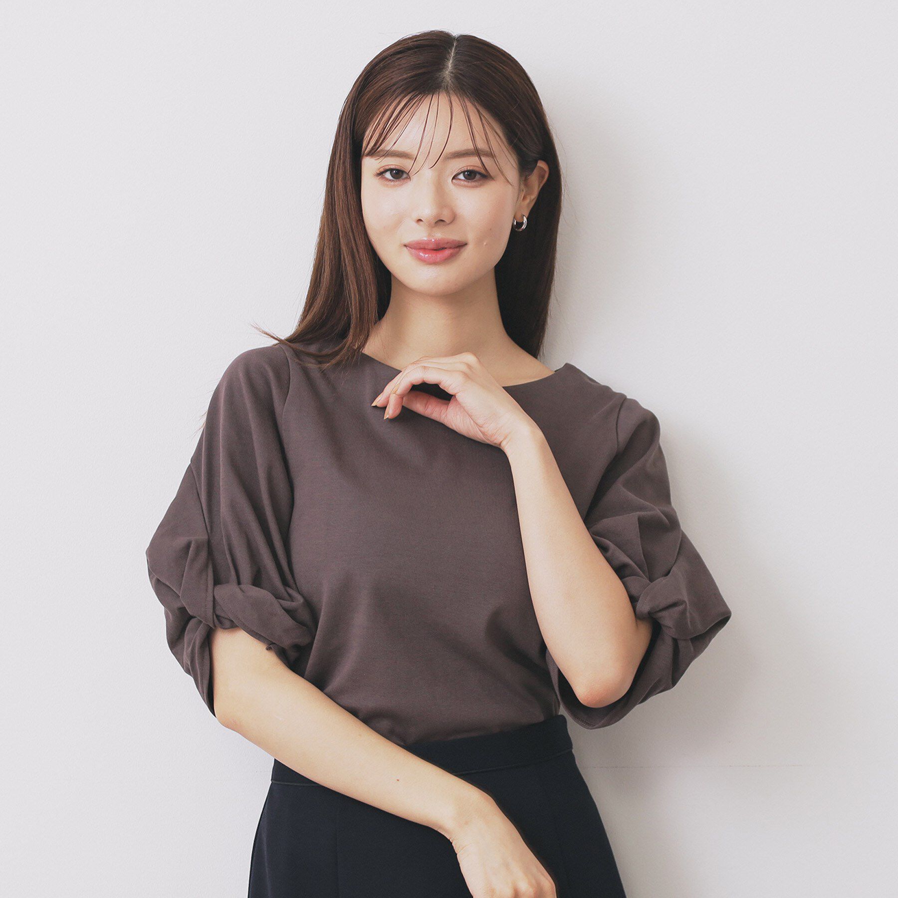 index「パフスリーブツイストタックトップス【洗濯機可／接触冷感／UVケア】」|Tシャツ・カットソー|ブラウン(044)