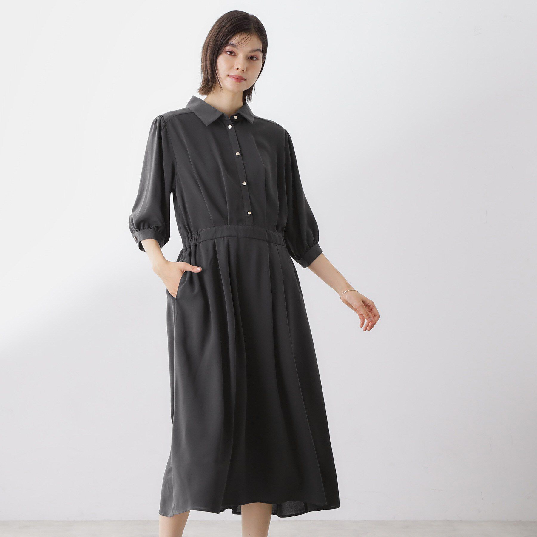 THE SHOP TK「5分袖シャツワンピース【防シワ/吸水速乾/UVケア/洗濯機OK】」|ワンピース|スミクロ(018)