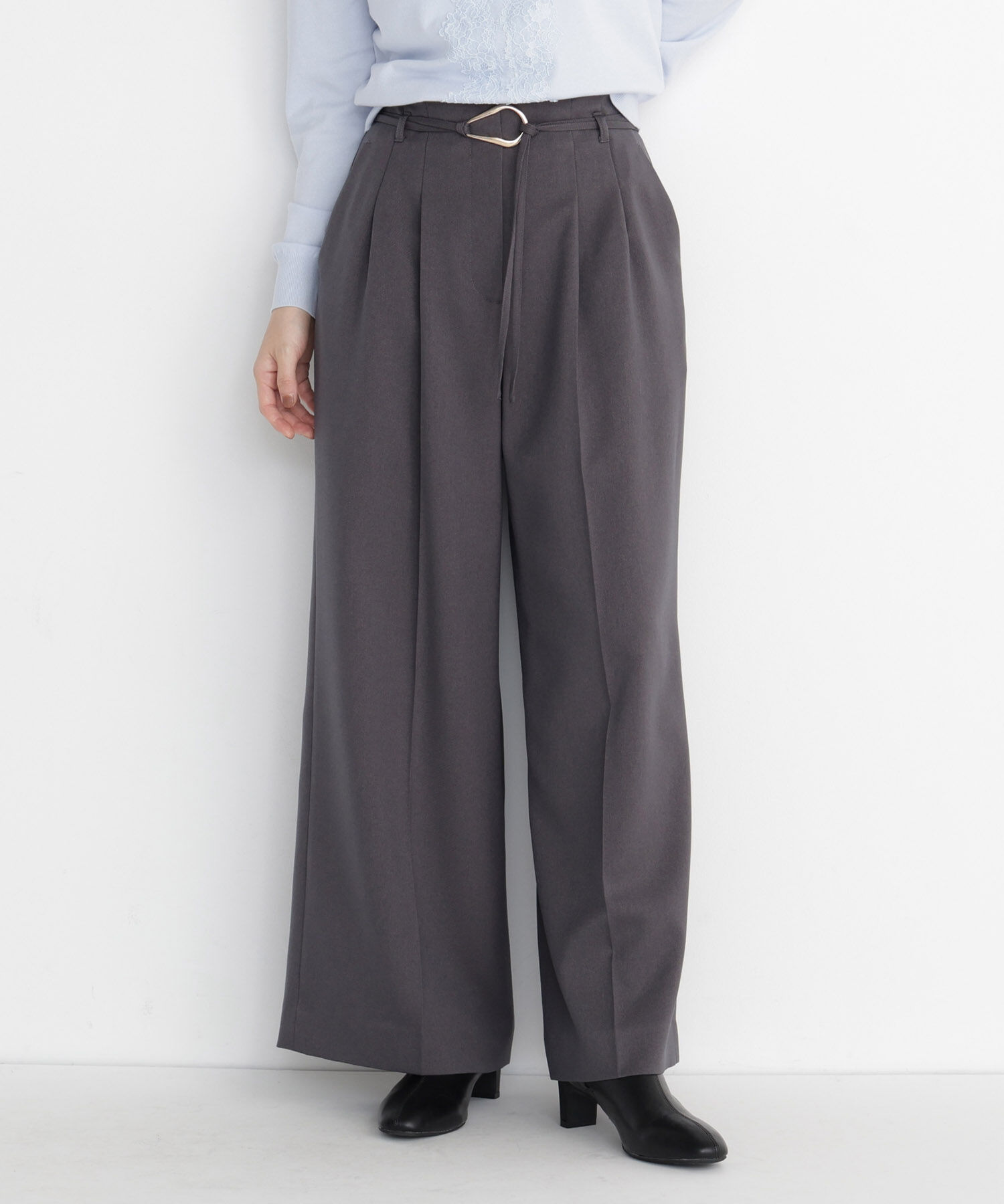  「ダブルベルトワイドパンツ」|その他|グレー