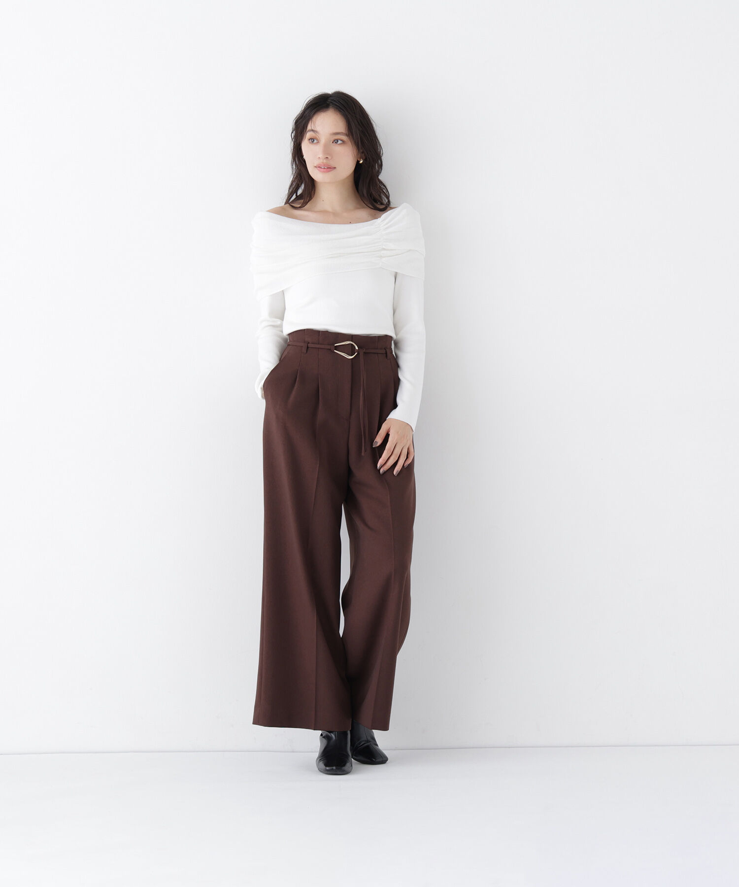  「ダブルベルトワイドパンツ」|その他|ブラウン