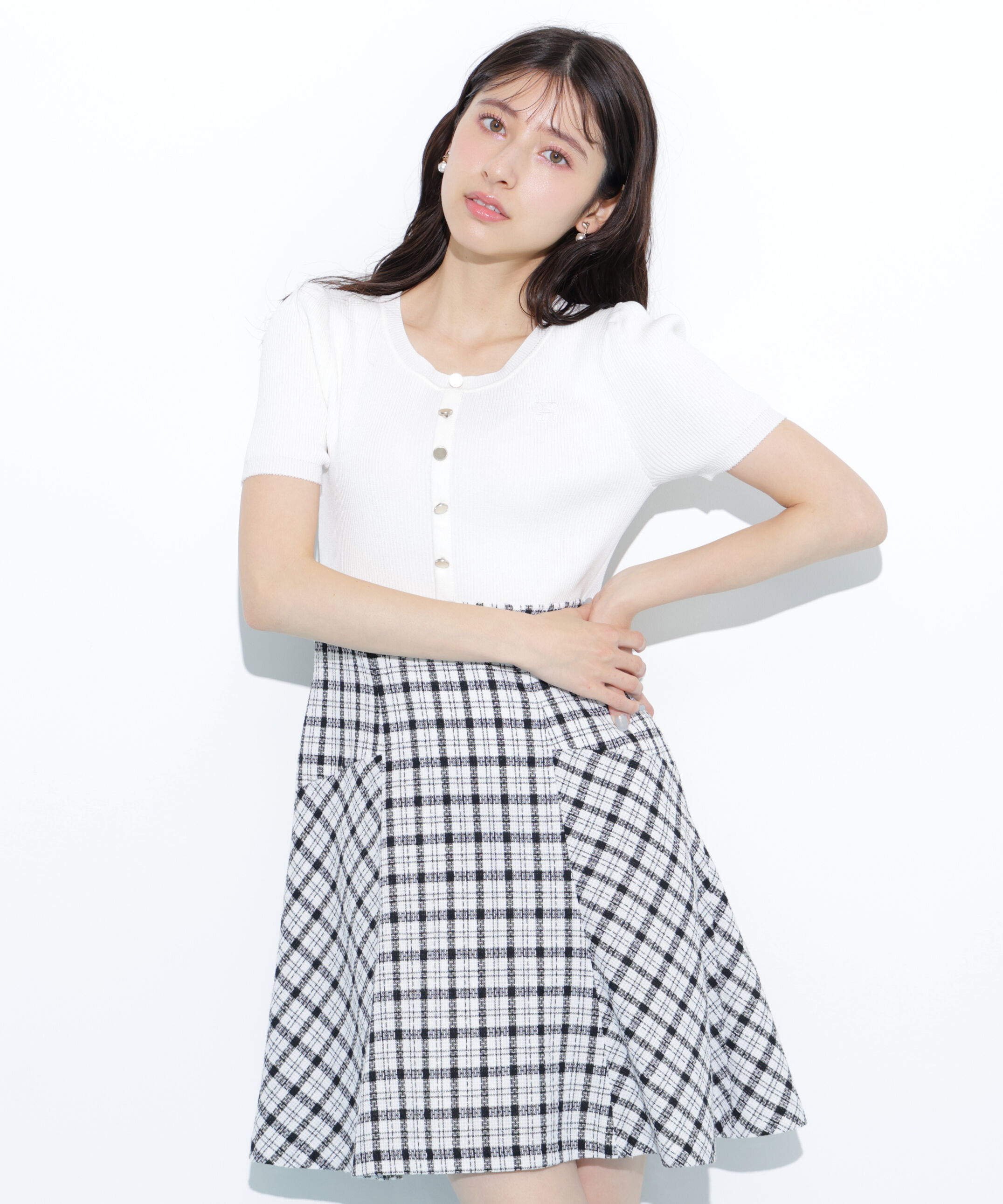  「チェックドッキングミニワンピース」|ワンピース|ホワイト&times;シロ