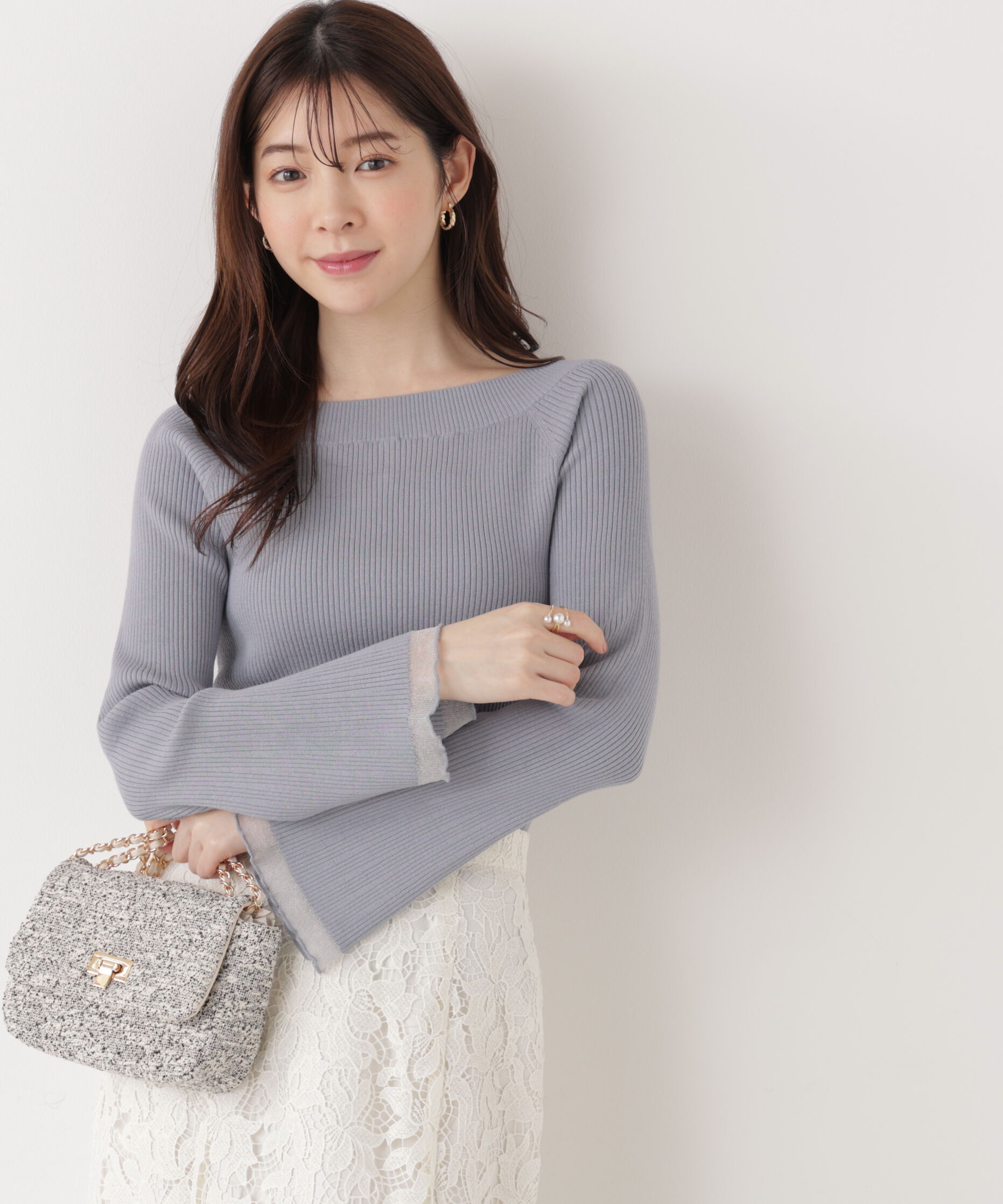 PROPORTION BODY DRESSING「シアー切り替えボートネックニット　26SS」|ニット・セーター|ブルー