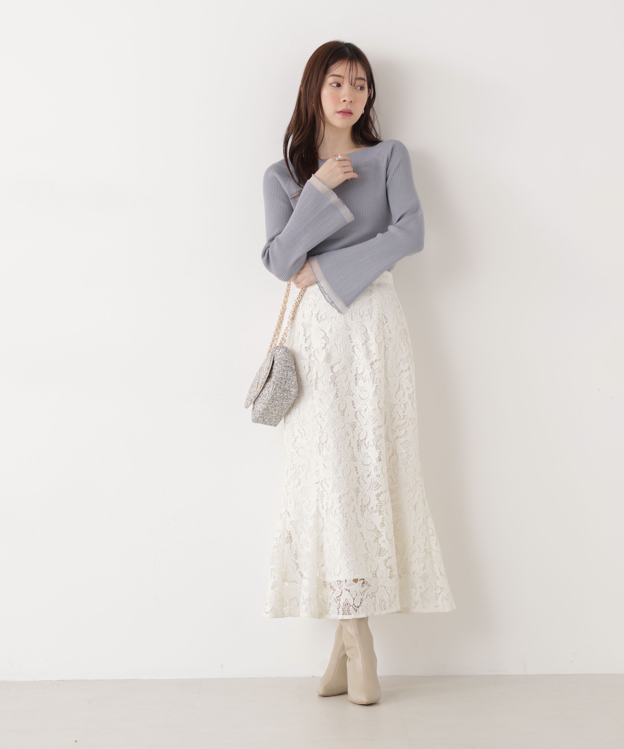 PROPORTION BODY DRESSING「シアー切り替えボートネックニット　26SS」|ニット・セーター|