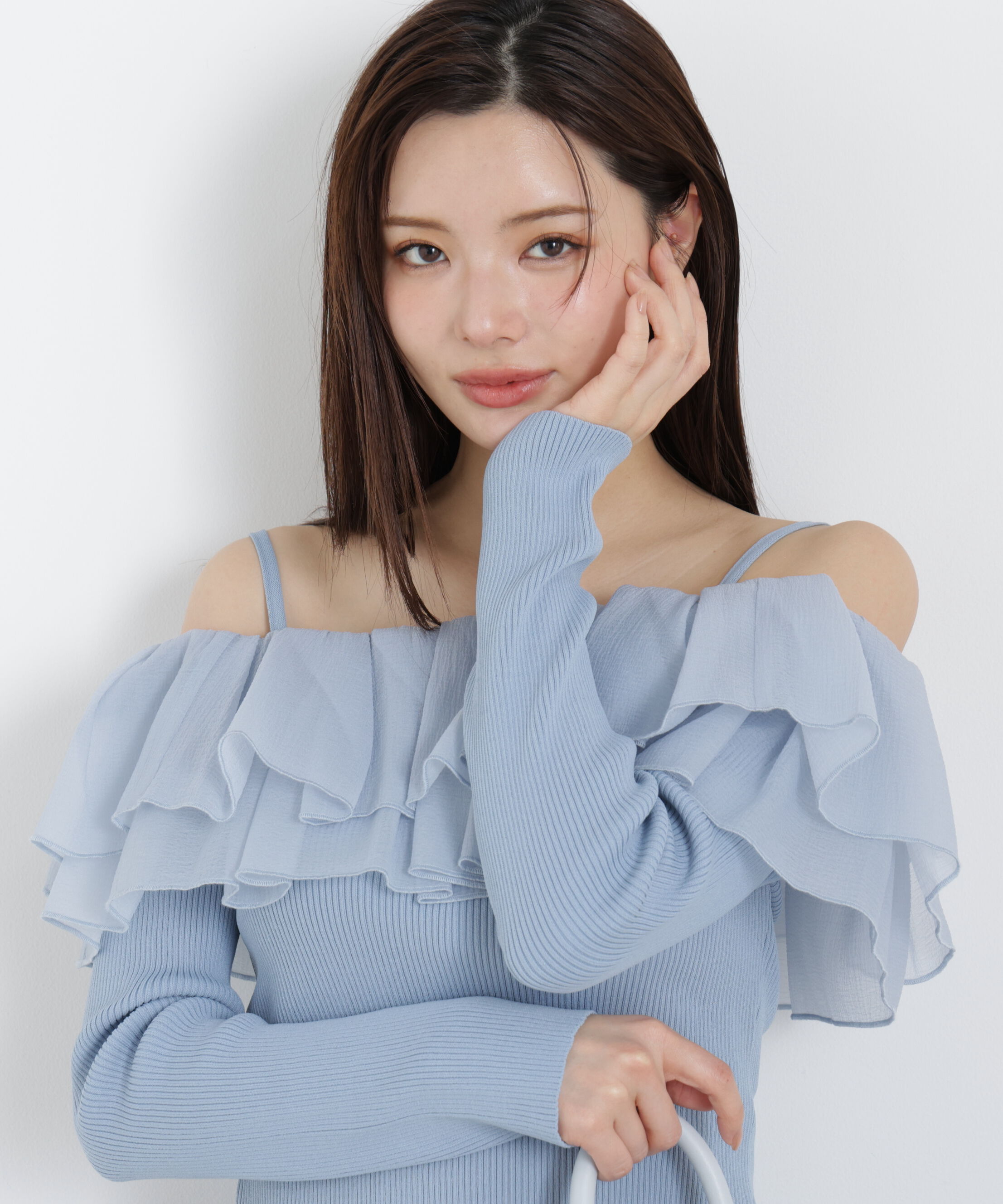 PROPORTION BODY DRESSING「〈a/mie〉フリルリブニット　26SS」|カーディガン|ブルー