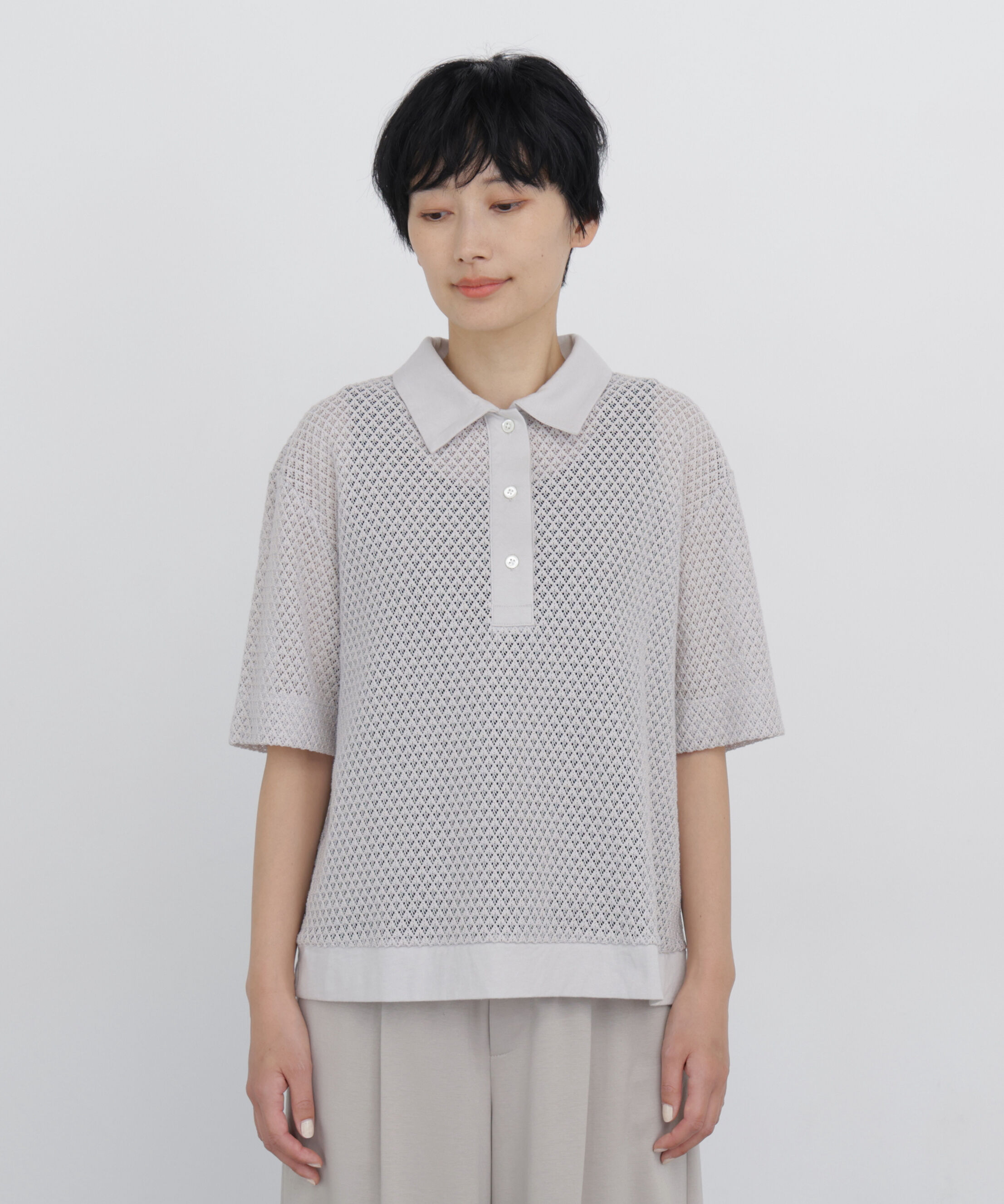  「◆≪清涼アイテム / 洗える≫ リーフ格子レース　ポロＴシャツ」|Tシャツ・カットソー|